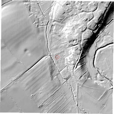 Shaded relief map of the ground around LE143EB, computed from Environment Agency LiDAR. The ground here sits at about 62 m above sea level and falls 20 m across the surrounding 800 m. Surface water reaching this point runs off ground lying to the north-west, 0.9 m higher.