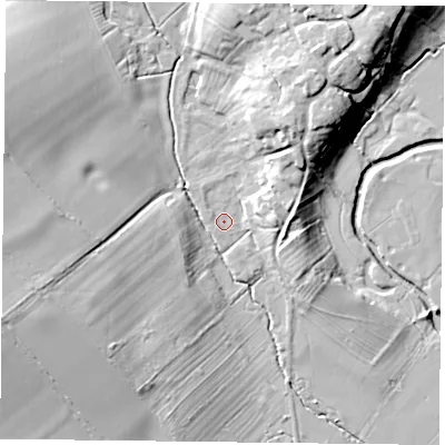 Shaded relief map of the ground around LE143ED, computed from Environment Agency LiDAR. The ground here sits at about 62 m above sea level and falls 19 m across the surrounding 800 m. Surface water reaching this point runs off ground lying to the north-east, 10.9 m higher.