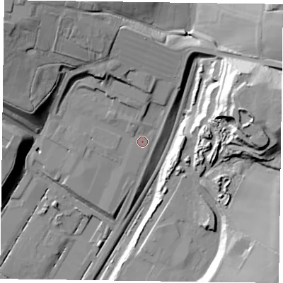 Shaded relief map of the ground around LE143JL, computed from Environment Agency LiDAR. The ground here sits at about 88 m above sea level and falls 37 m across the surrounding 800 m. Surface water reaching this point runs off ground lying to the north-north-west, 2.1 m higher.