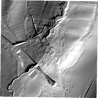 Shaded relief map of the ground around LE143PA, computed from Environment Agency LiDAR. The ground here sits at about 89 m above sea level and falls 42 m across the surrounding 800 m. Surface water reaching this point runs off ground lying to the east, 37.4 m higher.