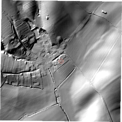 Shaded relief map of the ground around LE143PE, computed from Environment Agency LiDAR. The ground here sits at about 100 m above sea level and falls 38 m across the surrounding 800 m. Surface water reaching this point runs off ground lying to the north, 2.0 m higher.