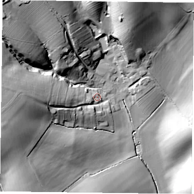 Shaded relief map of the ground around LE143PG, computed from Environment Agency LiDAR. The ground here sits at about 99 m above sea level and falls 43 m across the surrounding 800 m. Surface water reaching this point runs off ground lying to the west-south-west, 5.6 m higher.