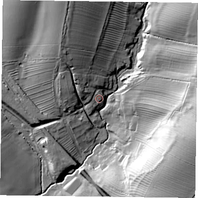 Shaded relief map of the ground around LE143PQ, computed from Environment Agency LiDAR. The ground here sits at about 95 m above sea level and falls 40 m across the surrounding 800 m. Surface water reaching this point runs off ground lying to the north-north-west, 3.7 m higher.
