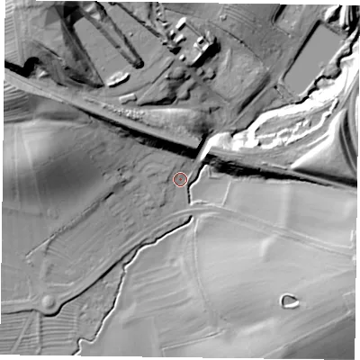 Shaded relief map of the ground around LE143RS, computed from Environment Agency LiDAR. The ground here sits at about 69 m above sea level and falls 39 m across the surrounding 800 m. Surface water reaching this point runs off ground lying to the north-west, 35.7 m higher.