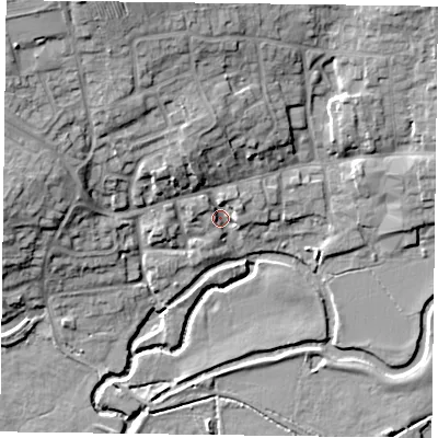 Shaded relief map of the ground around LE143RT, computed from Environment Agency LiDAR. The ground here sits at about 67 m above sea level and falls 19 m across the surrounding 800 m. Surface water reaching this point runs off ground lying to the north-north-west, 8.1 m higher.