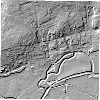 Shaded relief map of the ground around LE143SF, computed from Environment Agency LiDAR. The ground here sits at about 66 m above sea level and falls 16 m across the surrounding 800 m. Surface water reaching this point runs off ground lying to the north-west, 13.1 m higher.