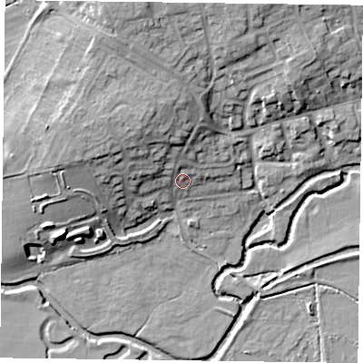 Shaded relief map of the ground around LE143SL, computed from Environment Agency LiDAR. The ground here sits at about 69 m above sea level and falls 16 m across the surrounding 800 m. Surface water reaching this point runs off ground lying to the north-north-west, 5.5 m higher.