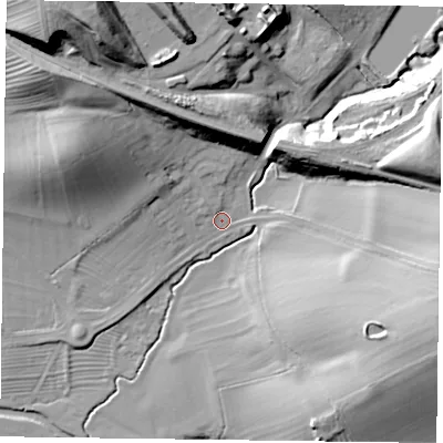 Shaded relief map of the ground around LE143SP, computed from Environment Agency LiDAR. The ground here sits at about 68 m above sea level and falls 37 m across the surrounding 800 m. Surface water reaching this point runs off ground lying to the north-west, 35.1 m higher.