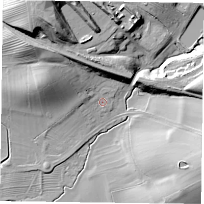 Shaded relief map of the ground around LE143SQ, computed from Environment Agency LiDAR. The ground here sits at about 70 m above sea level and falls 38 m across the surrounding 800 m. Surface water reaching this point runs off ground lying to the west-north-west, 18.6 m higher.