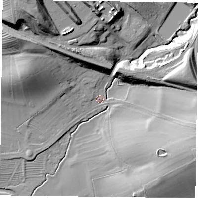 Shaded relief map of the ground around LE143SR, computed from Environment Agency LiDAR. The ground here sits at about 68 m above sea level and falls 38 m across the surrounding 800 m. Surface water reaching this point runs off ground lying to the north-west, 35.2 m higher.