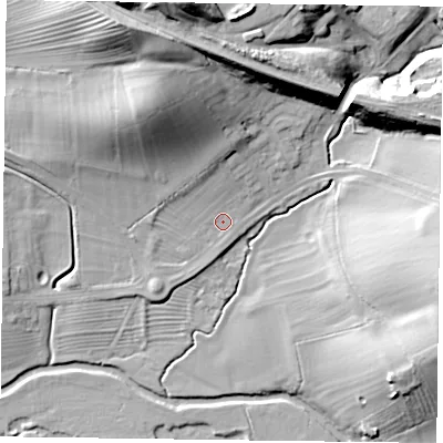 Shaded relief map of the ground around LE143SW, computed from Environment Agency LiDAR. The ground here sits at about 69 m above sea level and falls 31 m across the surrounding 800 m. Surface water reaching this point runs off ground lying to the north-north-west, 20.1 m higher.