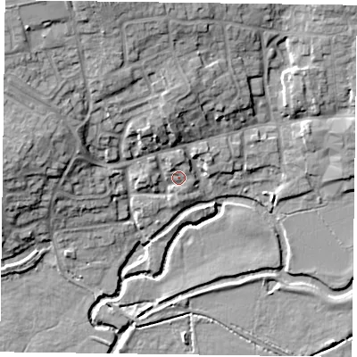 Shaded relief map of the ground around LE143TG, computed from Environment Agency LiDAR. The ground here sits at about 67 m above sea level and falls 17 m across the surrounding 800 m. Surface water reaching this point runs off ground lying to the north-north-west, 3.2 m higher.