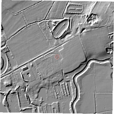 Shaded relief map of the ground around LE143TL, computed from Environment Agency LiDAR. The ground here sits at about 65 m above sea level and falls 13 m across the surrounding 800 m. Surface water reaching this point runs off ground lying to the north-east, 2.4 m higher.