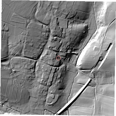 Shaded relief map of the ground around LE144DL, computed from Environment Agency LiDAR. The ground here sits at about 112 m above sea level and falls 36 m across the surrounding 800 m. Surface water reaching this point runs off ground lying to the north-north-west, 11.9 m higher.