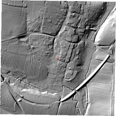 Shaded relief map of the ground around LE144DY, computed from Environment Agency LiDAR. The ground here sits at about 111 m above sea level and falls 31 m across the surrounding 800 m. Surface water reaching this point runs off ground lying to the north-north-east, 5.4 m higher.