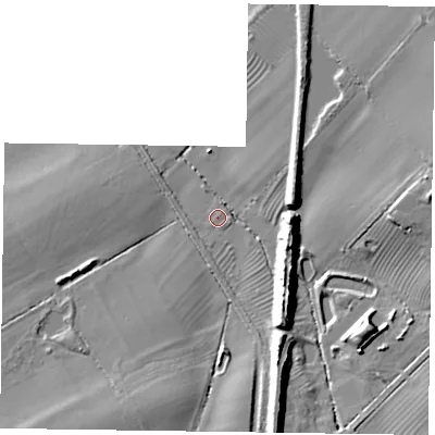 Shaded relief map of the ground around LE144EU, computed from Environment Agency LiDAR. The ground here sits at about 49 m above sea level and falls 15 m across the surrounding 800 m. Surface water reaching this point runs off ground lying to the south-south-east, 14.1 m higher.