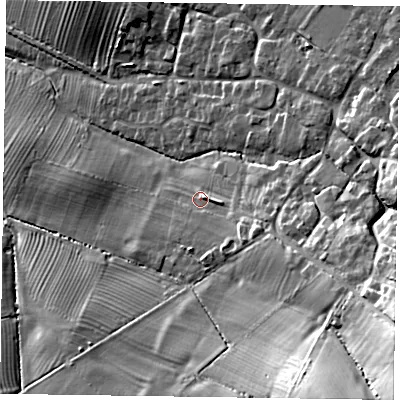 Shaded relief map of the ground around LE144GJ, computed from Environment Agency LiDAR. The ground here sits at about 70 m above sea level and falls 39 m across the surrounding 800 m. Surface water reaching this point runs off ground lying to the east-south-east, 7.5 m higher.