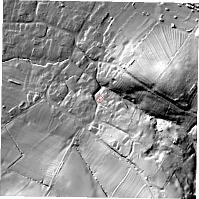 Shaded relief map of the ground around LE144HB, computed from Environment Agency LiDAR. The ground here sits at about 81 m above sea level and falls 58 m across the surrounding 800 m. Surface water reaching this point runs off ground lying to the south-south-east, 9.8 m higher.