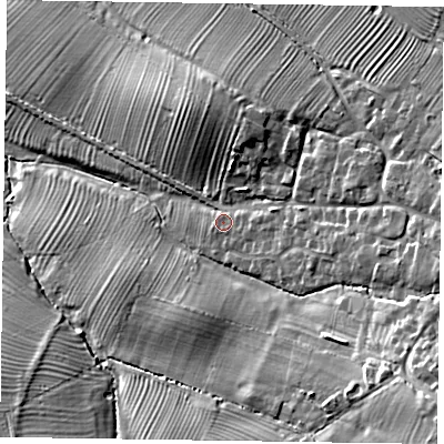 Shaded relief map of the ground around LE144HJ, computed from Environment Agency LiDAR. The ground here sits at about 65 m above sea level and falls 26 m across the surrounding 800 m. Surface water reaching this point runs off ground lying to the east, 1.9 m higher.