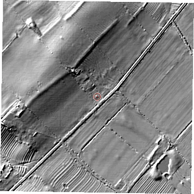 Shaded relief map of the ground around LE144HR, computed from Environment Agency LiDAR. The ground here sits at about 58 m above sea level and falls 14 m across the surrounding 800 m. Surface water reaching this point runs off ground lying to the south-east, 0.9 m higher.