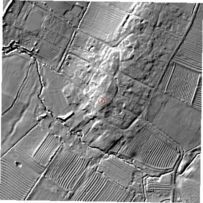 Shaded relief map of the ground around LE144JE, computed from Environment Agency LiDAR. The ground here sits at about 52 m above sea level and falls 13 m across the surrounding 800 m. Surface water reaching this point runs off ground lying to the east-south-east, 1.9 m higher.