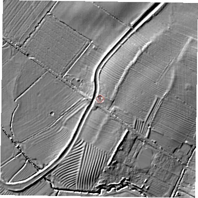 Shaded relief map of the ground around LE144JF, computed from Environment Agency LiDAR. The ground here sits at about 46 m above sea level and falls 9 m across the surrounding 800 m. Surface water reaching this point runs off ground lying to the east-north-east, 5.6 m higher.