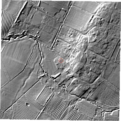 Shaded relief map of the ground around LE144JN, computed from Environment Agency LiDAR. The ground here sits at about 46 m above sea level and falls 14 m across the surrounding 800 m. Surface water reaching this point runs off ground lying to the east, 7.3 m higher.