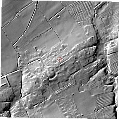 Shaded relief map of the ground around LE144ND, computed from Environment Agency LiDAR. The ground here sits at about 70 m above sea level and falls 20 m across the surrounding 800 m. Surface water reaching this point runs off ground lying to the south-south-east, 2.9 m higher.