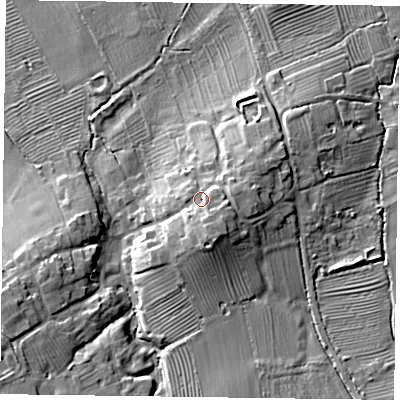 Shaded relief map of the ground around LE144NG, computed from Environment Agency LiDAR. The ground here sits at about 69 m above sea level and falls 17 m across the surrounding 800 m. Surface water reaching this point runs off ground lying to the south-south-east, 5.4 m higher.