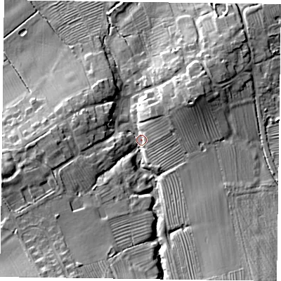Shaded relief map of the ground around LE144NU, computed from Environment Agency LiDAR. The ground here sits at about 65 m above sea level and falls 20 m across the surrounding 800 m. Surface water reaching this point runs off ground lying to the south-west, 15.1 m higher.
