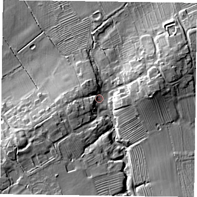 Shaded relief map of the ground around LE144PA, computed from Environment Agency LiDAR. The ground here sits at about 64 m above sea level and falls 17 m across the surrounding 800 m. Surface water reaching this point runs off ground lying to the south-west, 11.4 m higher.