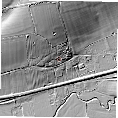 Shaded relief map of the ground around LE144RY, computed from Environment Agency LiDAR. The ground here sits at about 85 m above sea level and falls 30 m across the surrounding 800 m. Surface water reaching this point runs off ground lying to the north-north-west, 22.4 m higher.