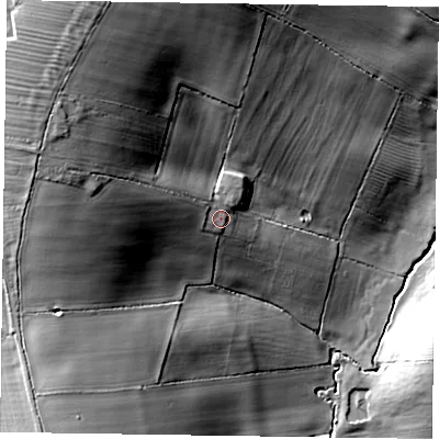 Shaded relief map of the ground around LE144SB, computed from Environment Agency LiDAR. The ground here sits at about 112 m above sea level and falls 38 m across the surrounding 800 m. Surface water reaching this point runs off ground lying to the west-north-west, 14.8 m higher.