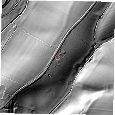Shaded relief map of the ground around LE144SD, computed from Environment Agency LiDAR. The ground here sits at about 102 m above sea level and falls 28 m across the surrounding 800 m. Surface water reaching this point runs off ground lying to the north, 2.2 m higher.