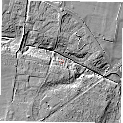 Shaded relief map of the ground around LE156BS, computed from Environment Agency LiDAR. The ground here sits at about 101 m above sea level and falls 17 m across the surrounding 800 m. Surface water reaching this point runs off ground lying to the south-west, 5.4 m higher.