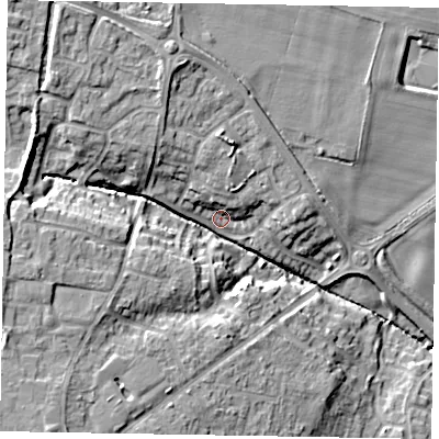 Shaded relief map of the ground around LE156BU, computed from Environment Agency LiDAR. The ground here sits at about 99 m above sea level and falls 18 m across the surrounding 800 m. Surface water reaching this point runs off ground lying to the north-north-east, 6.3 m higher.