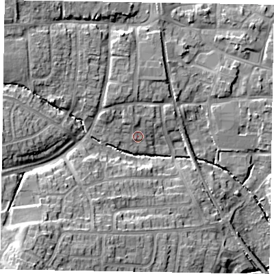 Shaded relief map of the ground around LE156DQ, computed from Environment Agency LiDAR. The ground here sits at about 109 m above sea level and falls 21 m across the surrounding 800 m. Surface water reaching this point runs off ground lying to the north-north-west, 2.4 m higher.