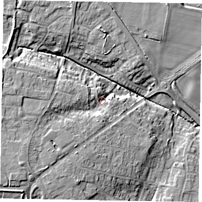 Shaded relief map of the ground around LE156ES, computed from Environment Agency LiDAR. The ground here sits at about 100 m above sea level and falls 18 m across the surrounding 800 m. Surface water reaching this point runs off ground lying to the south-west, 9.6 m higher.