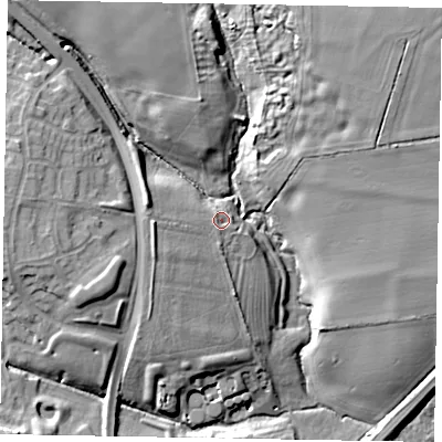 Shaded relief map of the ground around LE156FB, computed from Environment Agency LiDAR. The ground here sits at about 91 m above sea level and falls 17 m across the surrounding 800 m. Surface water reaching this point runs off ground lying to the west, 6.8 m higher.