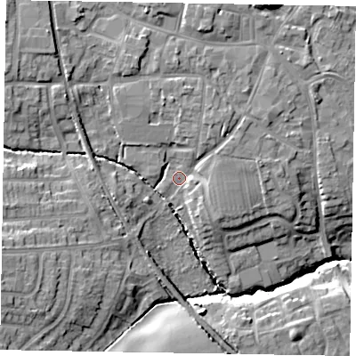 Shaded relief map of the ground around LE156HG, computed from Environment Agency LiDAR. The ground here sits at about 104 m above sea level and falls 19 m across the surrounding 800 m. Surface water reaching this point runs off ground lying to the north, 4.4 m higher.