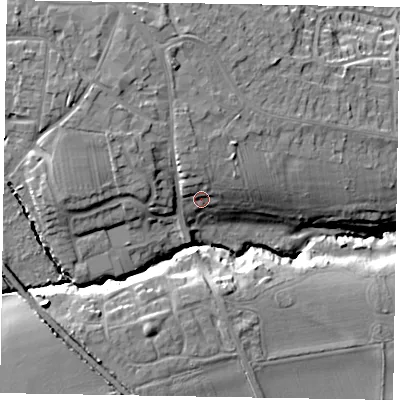 Shaded relief map of the ground around LE156JD, computed from Environment Agency LiDAR. The ground here sits at about 102 m above sea level and falls 20 m across the surrounding 800 m. Surface water reaching this point runs off ground lying to the north-north-west, 4.8 m higher.