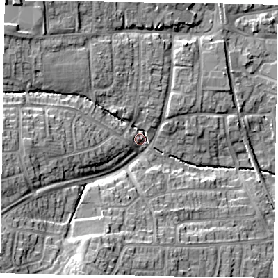 Shaded relief map of the ground around LE156LE, computed from Environment Agency LiDAR. The ground here sits at about 111 m above sea level and falls 19 m across the surrounding 800 m. Surface water reaching this point runs off ground lying to the west-south-west, 13.7 m higher.