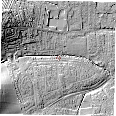 Shaded relief map of the ground around LE156LR, computed from Environment Agency LiDAR. The ground here sits at about 116 m above sea level and falls 35 m across the surrounding 800 m. Surface water reaching this point runs off ground lying to the west-north-west, 28.3 m higher.