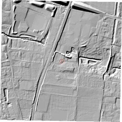 Shaded relief map of the ground around LE156LW, computed from Environment Agency LiDAR. The ground here sits at about 110 m above sea level and falls 20 m across the surrounding 800 m. Surface water reaching this point runs off ground lying to the west-north-west, 3.2 m higher.