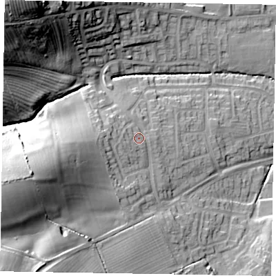 Shaded relief map of the ground around LE156LX, computed from Environment Agency LiDAR. The ground here sits at about 124 m above sea level and falls 46 m across the surrounding 800 m. Surface water reaching this point runs off ground lying to the west-south-west, 3.0 m higher.
