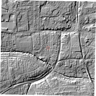 Shaded relief map of the ground around LE156PB, computed from Environment Agency LiDAR. The ground here sits at about 112 m above sea level and falls 18 m across the surrounding 800 m. Surface water reaching this point runs off ground lying to the north-west, 2.4 m higher.