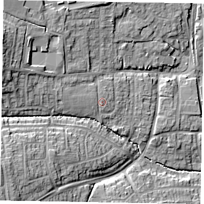 Shaded relief map of the ground around LE156PQ, computed from Environment Agency LiDAR. The ground here sits at about 114 m above sea level and falls 20 m across the surrounding 800 m. Surface water reaching this point runs off ground lying to the west, 1.9 m higher.