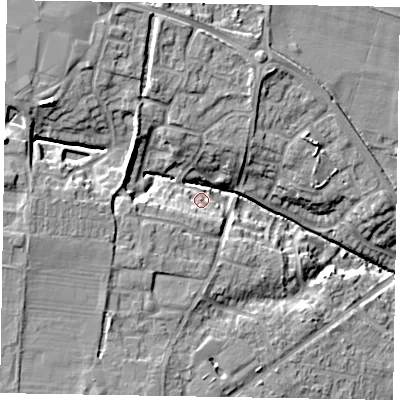 Shaded relief map of the ground around LE156PU, computed from Environment Agency LiDAR. The ground here sits at about 103 m above sea level and falls 18 m across the surrounding 800 m. Surface water reaching this point runs off ground lying to the south-west, 4.9 m higher.