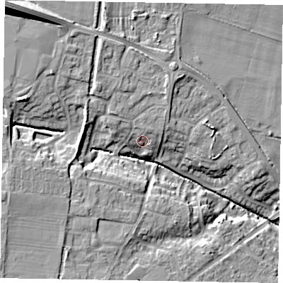 Shaded relief map of the ground around LE156PZ, computed from Environment Agency LiDAR. The ground here sits at about 104 m above sea level and falls 24 m across the surrounding 800 m. Surface water reaching this point runs off ground lying to the north-north-east, 3.7 m higher.
