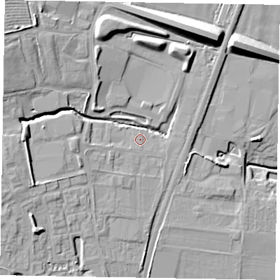 Shaded relief map of the ground around LE156QF, computed from Environment Agency LiDAR. The ground here sits at about 112 m above sea level and falls 20 m across the surrounding 800 m. Surface water reaching this point runs off ground lying to the south-west, 5.1 m higher.